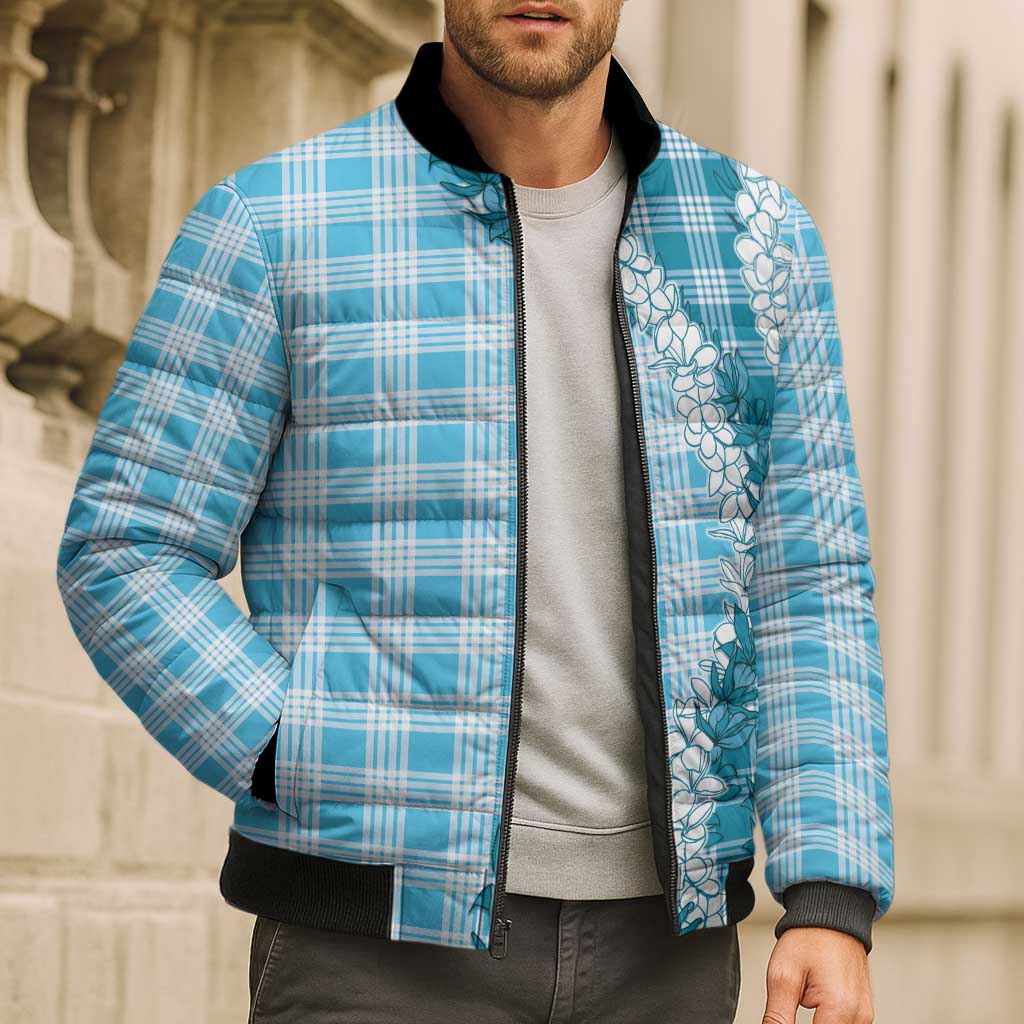 Blue Hawaii Palaka Bomber Puffer Jacket Hawaiian Honohono Lei