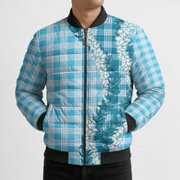 Blue Hawaii Palaka Bomber Puffer Jacket Hawaiian Honohono Lei