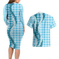 Blue Hawaii Palaka Couples Matching Long Sleeve Bodycon Dress and Hawaiian Shirt Hawaiian Honohono Lei