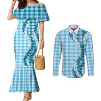 Blue Hawaii Palaka Couples Matching Mermaid Dress and Long Sleeve Button Shirt Hawaiian Honohono Lei LT05 Blue - Polynesian Pride