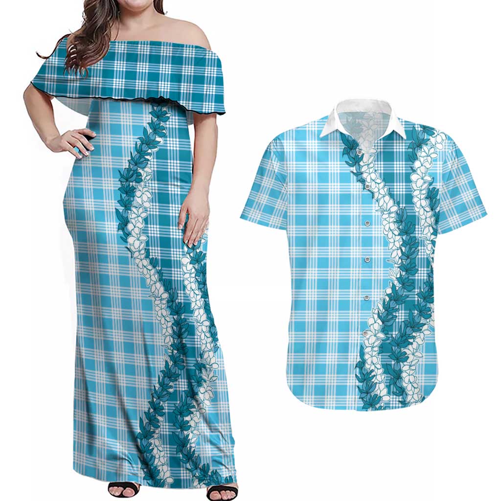 Blue Hawaii Palaka Couples Matching Off Shoulder Maxi Dress and Hawaiian Shirt Hawaiian Honohono Lei LT05 Blue - Polynesian Pride