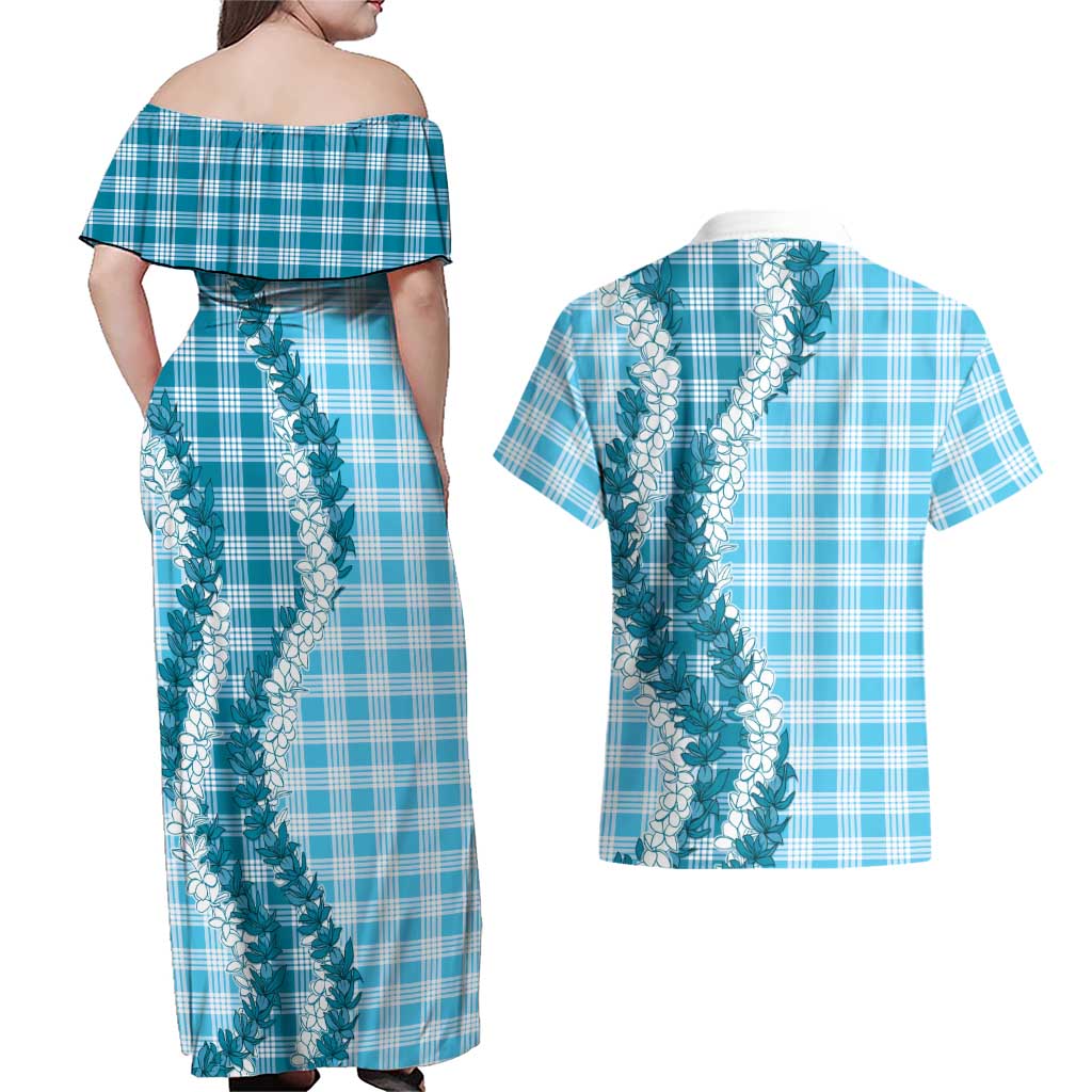 Blue Hawaii Palaka Couples Matching Off Shoulder Maxi Dress and Hawaiian Shirt Hawaiian Honohono Lei LT05 - Polynesian Pride