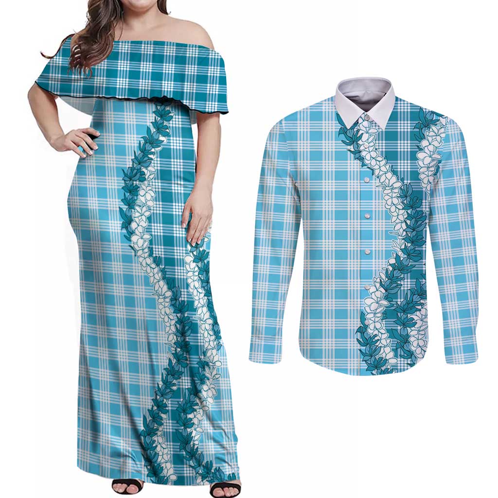 Blue Hawaii Palaka Couples Matching Off Shoulder Maxi Dress and Long Sleeve Button Shirt Hawaiian Honohono Lei LT05 Blue - Polynesian Pride