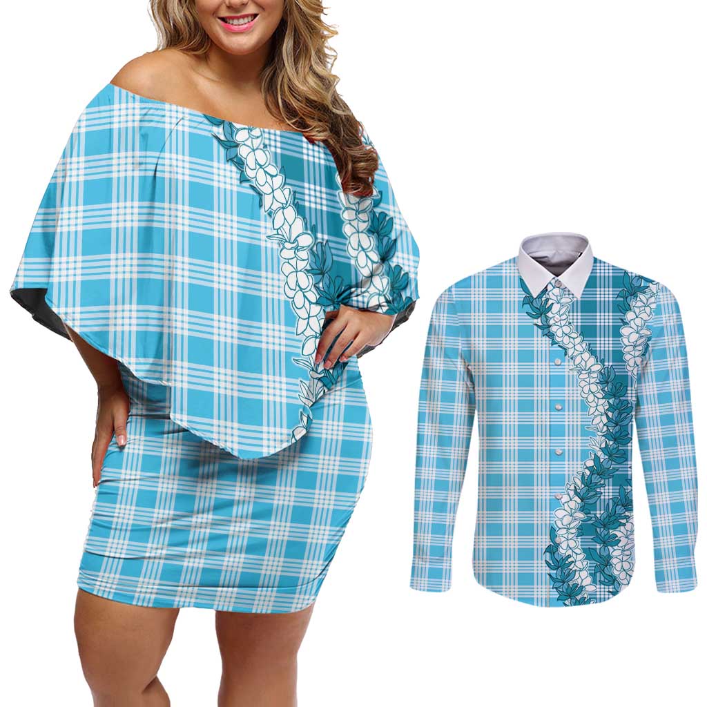 Blue Hawaii Palaka Couples Matching Off Shoulder Short Dress and Long Sleeve Button Shirt Hawaiian Honohono Lei LT05 Blue - Polynesian Pride