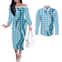 Blue Hawaii Palaka Couples Matching Off The Shoulder Long Sleeve Dress and Long Sleeve Button Shirt Hawaiian Honohono Lei LT05 Blue - Polynesian Pride