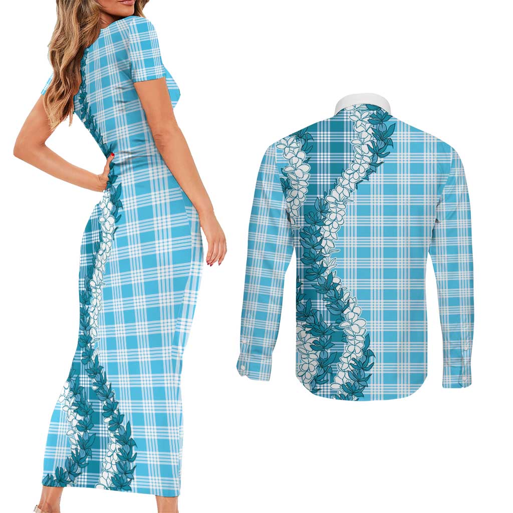 Blue Hawaii Palaka Couples Matching Short Sleeve Bodycon Dress and Long Sleeve Button Shirt Hawaiian Honohono Lei LT05 - Polynesian Pride