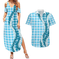 Blue Hawaii Palaka Couples Matching Summer Maxi Dress and Hawaiian Shirt Hawaiian Honohono Lei LT05 Blue - Polynesian Pride