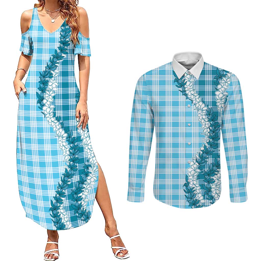 Blue Hawaii Palaka Couples Matching Summer Maxi Dress and Long Sleeve Button Shirt Hawaiian Honohono Lei LT05 Blue - Polynesian Pride