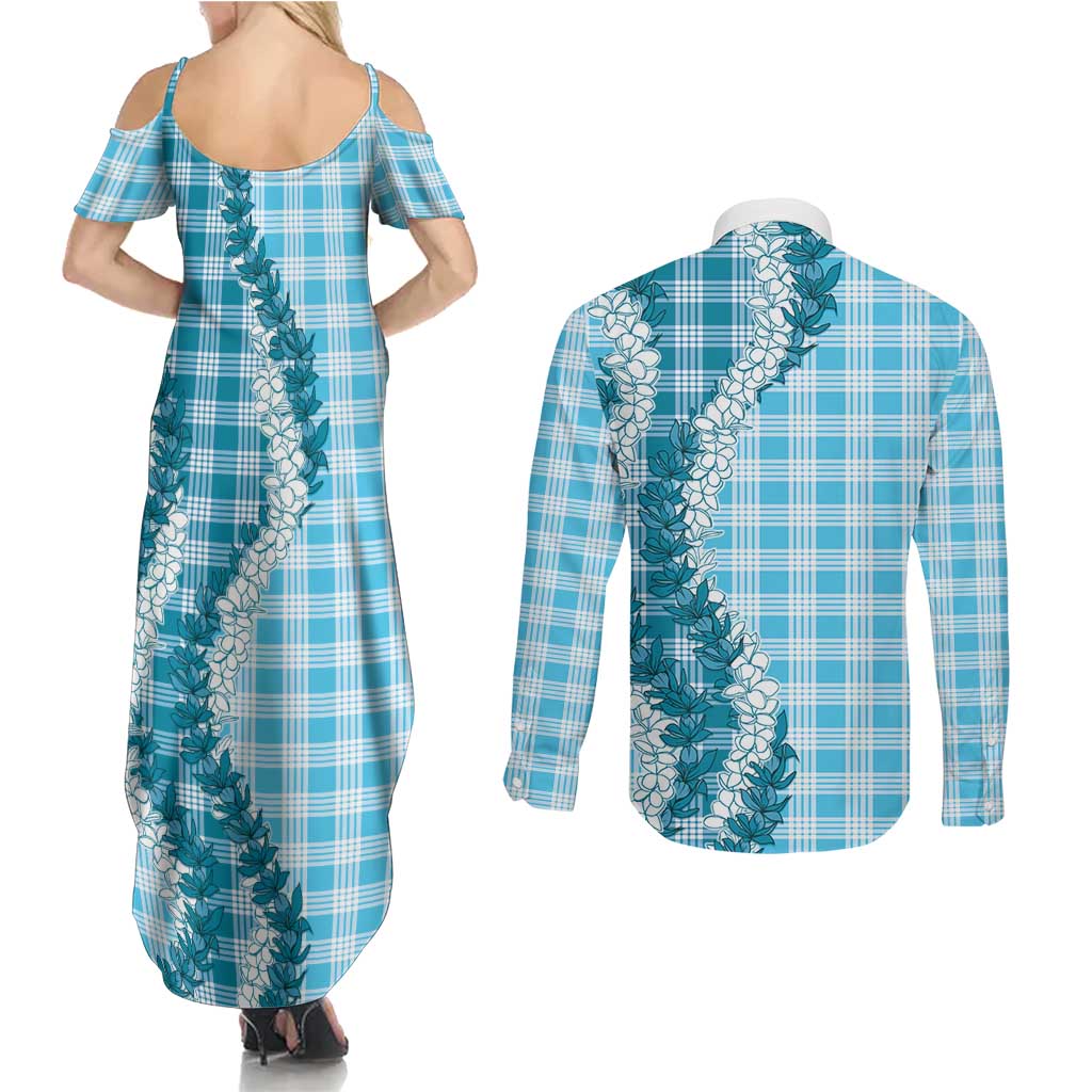 Blue Hawaii Palaka Couples Matching Summer Maxi Dress and Long Sleeve Button Shirt Hawaiian Honohono Lei LT05 - Polynesian Pride