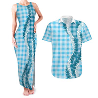 Blue Hawaii Palaka Couples Matching Tank Maxi Dress and Hawaiian Shirt Hawaiian Honohono Lei