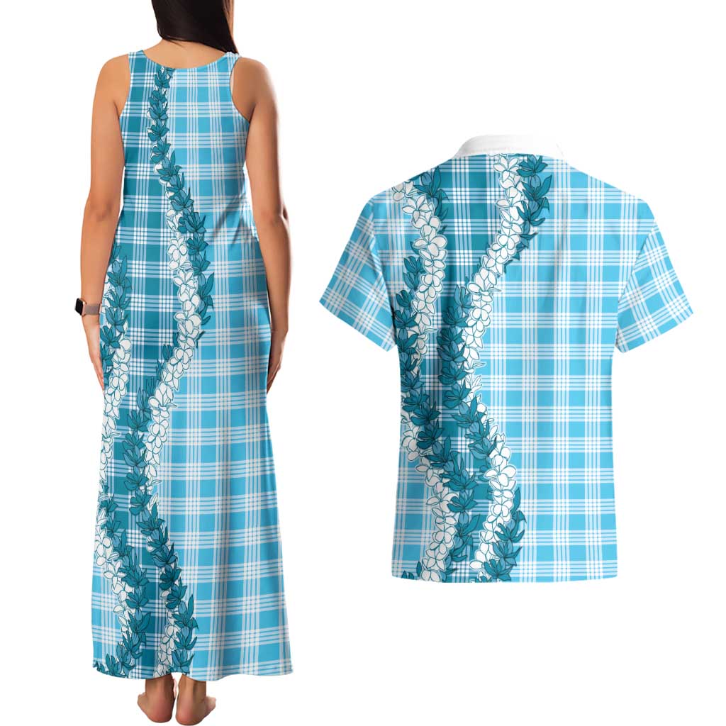 Blue Hawaii Palaka Couples Matching Tank Maxi Dress and Hawaiian Shirt Hawaiian Honohono Lei
