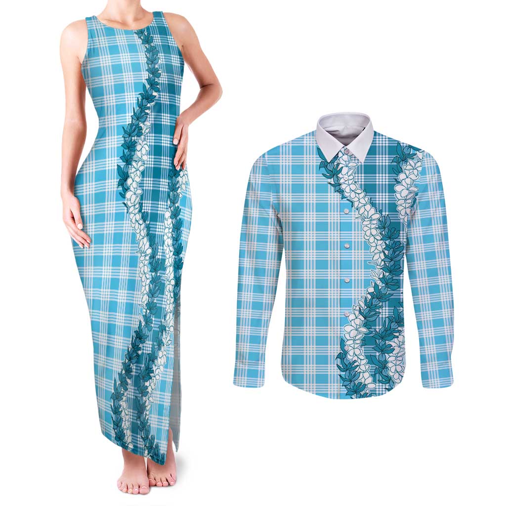Blue Hawaii Palaka Couples Matching Tank Maxi Dress and Long Sleeve Button Shirt Hawaiian Honohono Lei LT05 Blue - Polynesian Pride