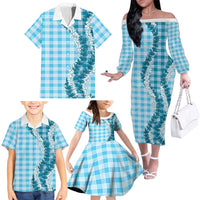 Blue Hawaii Palaka Family Matching Off The Shoulder Long Sleeve Dress and Hawaiian Shirt Hawaiian Honohono Lei LT05 - Polynesian Pride