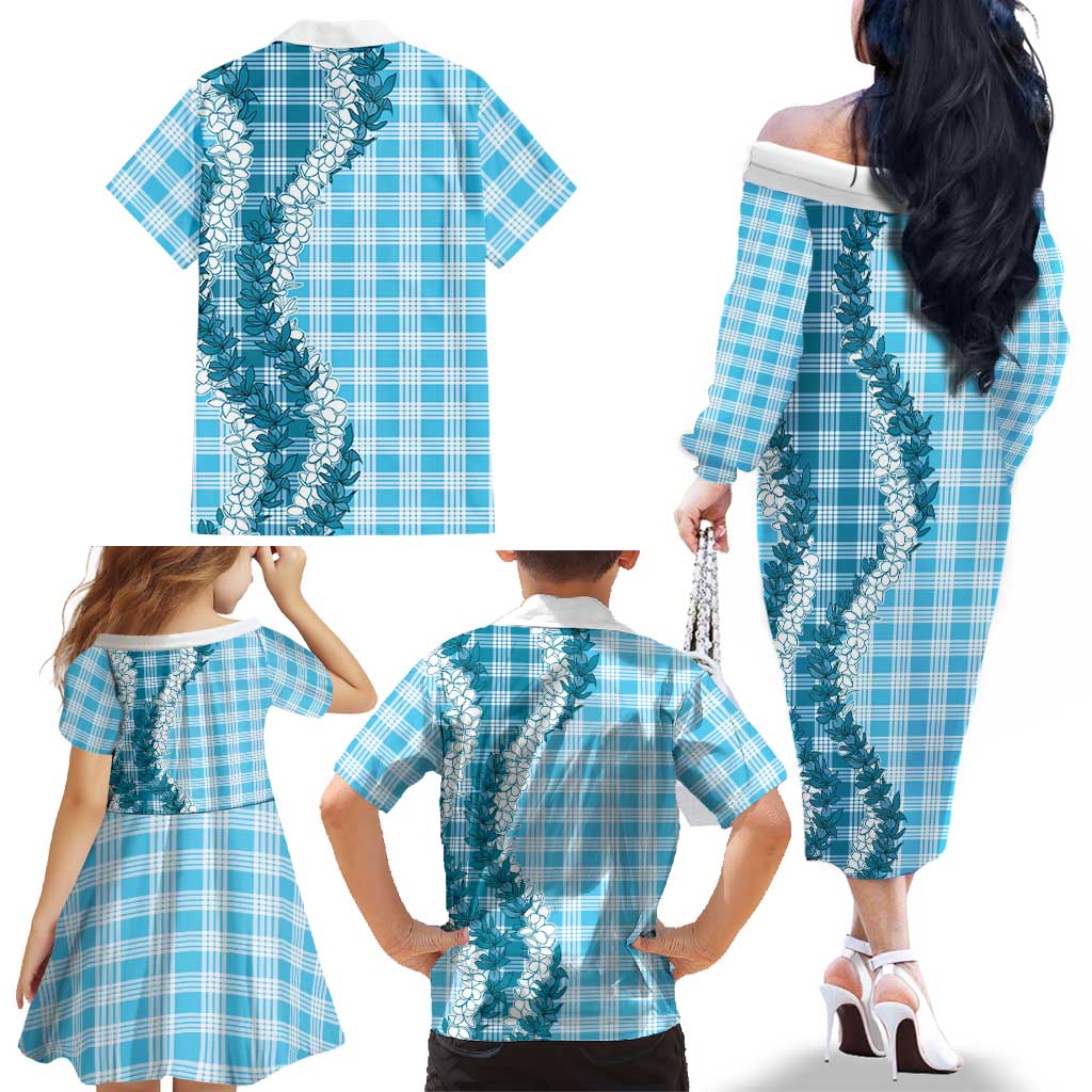 Blue Hawaii Palaka Family Matching Off The Shoulder Long Sleeve Dress and Hawaiian Shirt Hawaiian Honohono Lei LT05 - Polynesian Pride