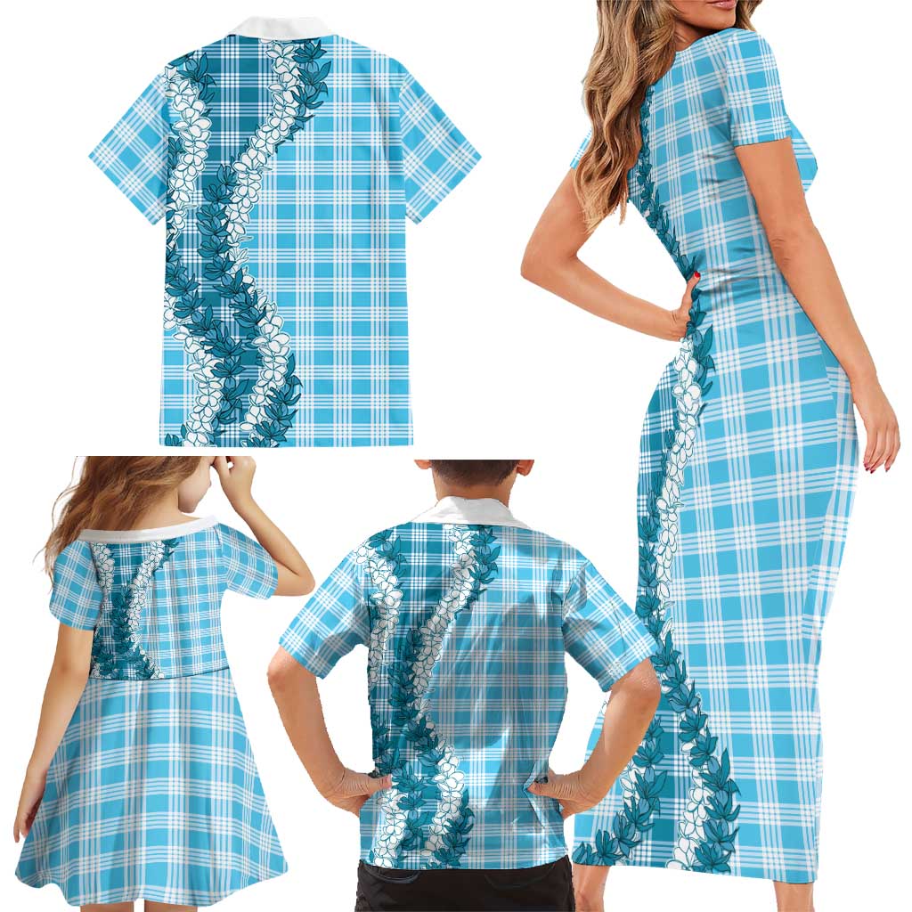 Blue Hawaii Palaka Family Matching Short Sleeve Bodycon Dress and Hawaiian Shirt Hawaiian Honohono Lei LT05 - Polynesian Pride