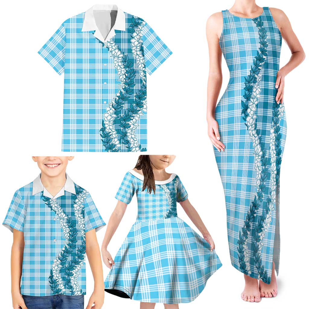 Blue Hawaii Palaka Family Matching Tank Maxi Dress and Hawaiian Shirt Hawaiian Honohono Lei