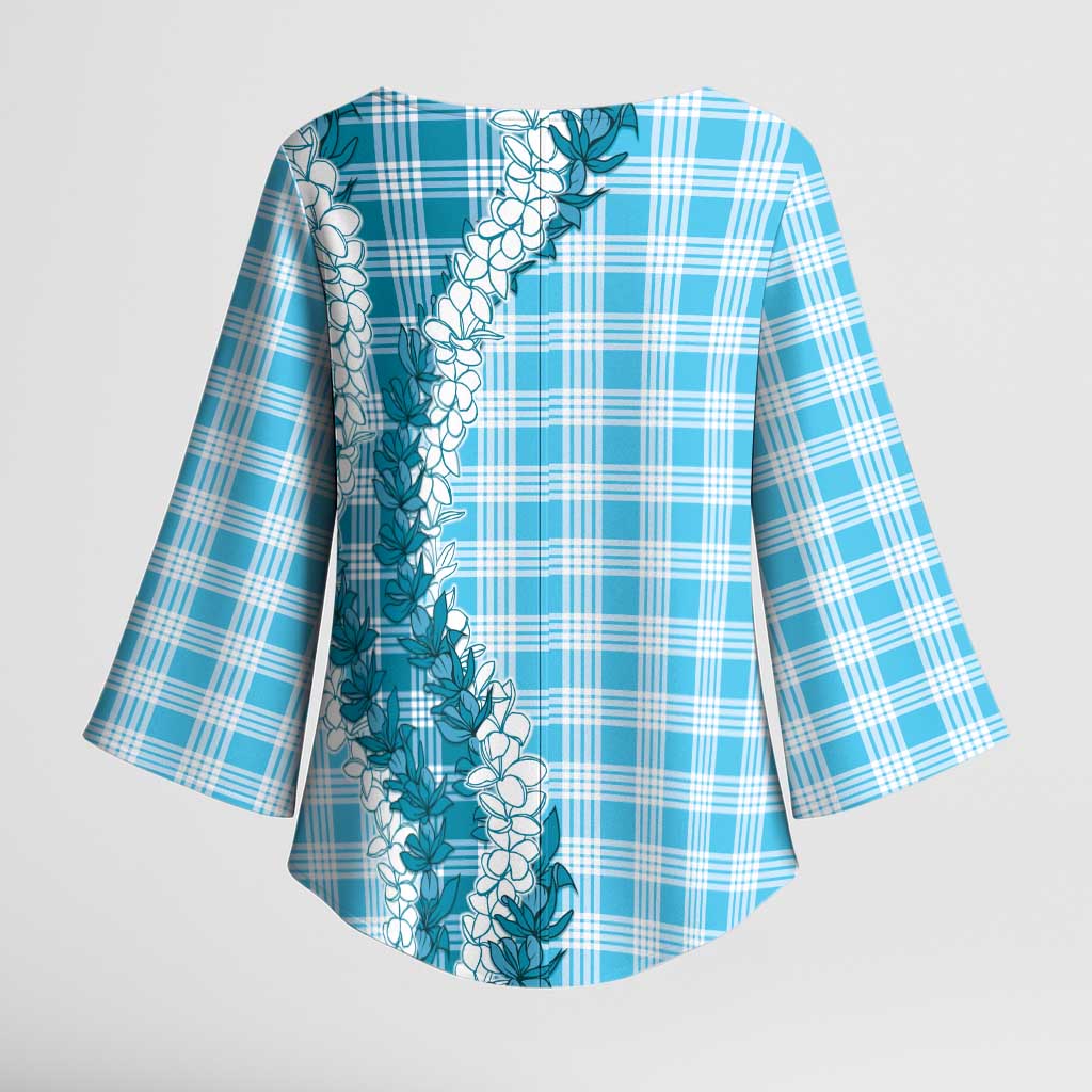 Blue Hawaii Palaka Kimono Sleeve Blouse Hawaiian Honohono Lei