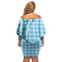 Blue Hawaii Palaka Off Shoulder Short Dress Hawaiian Honohono Lei