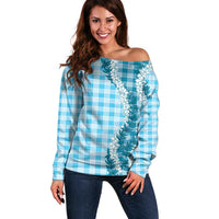 Blue Hawaii Palaka Off Shoulder Sweater Hawaiian Honohono Lei
