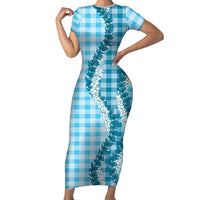 Blue Hawaii Palaka Short Sleeve Bodycon Dress Hawaiian Honohono Lei LT05 Long Dress Blue - Polynesian Pride