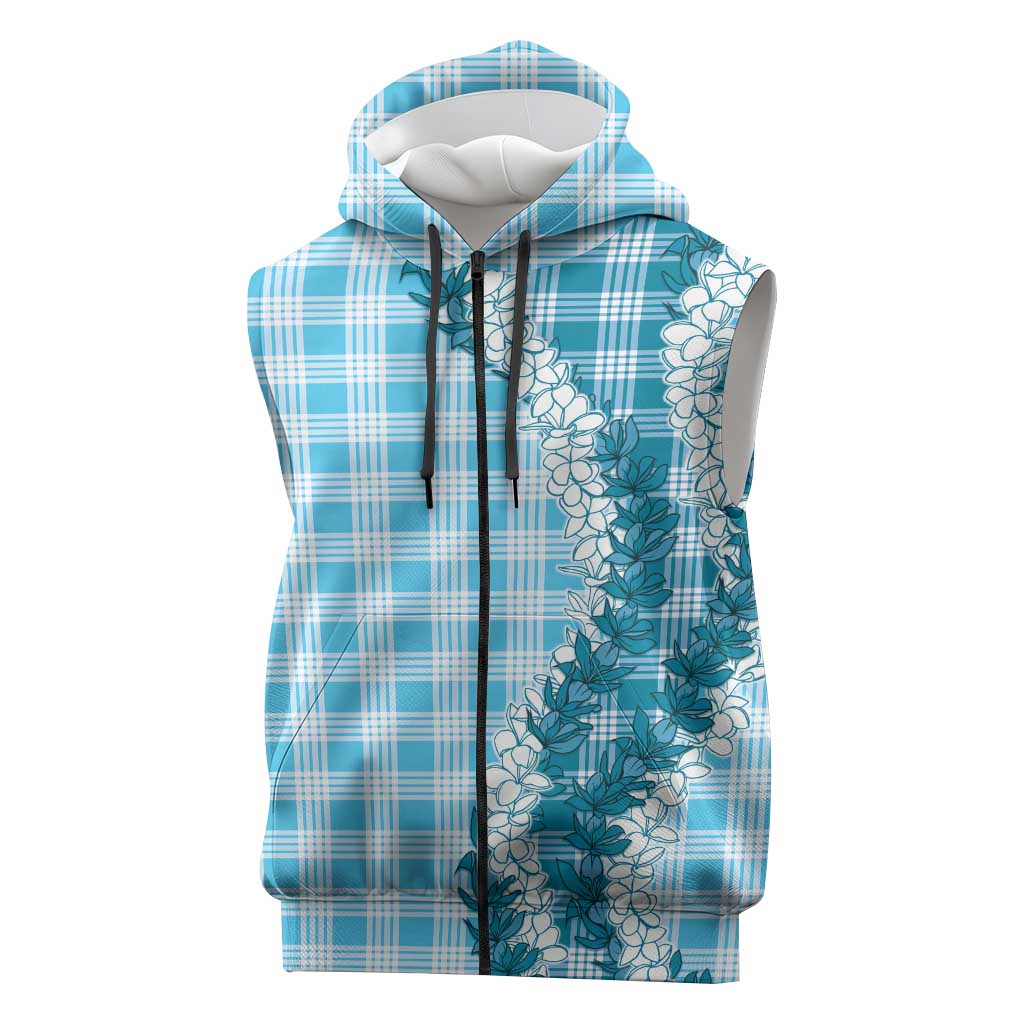 Blue Hawaii Palaka Sleeveless Zip Hoodie Hawaiian Honohono Lei LT05 Blue - Polynesian Pride