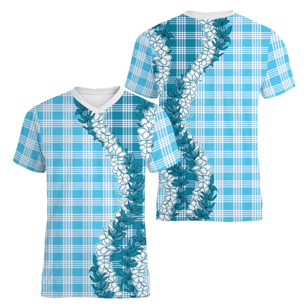 Blue Hawaii Palaka Women V-Neck T-Shirt Hawaiian Honohono Lei LT05 - Polynesian Pride
