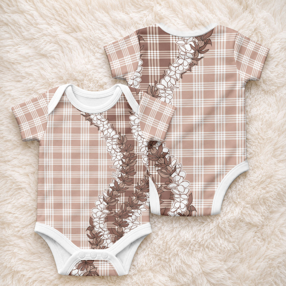 Beige Hawaii Palaka Baby Onesie Hawaiian Honohono Lei