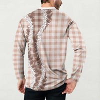 Beige Hawaii Palaka Button Sweatshirt Hawaiian Honohono Lei