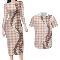 Beige Hawaii Palaka Couples Matching Long Sleeve Bodycon Dress and Hawaiian Shirt Hawaiian Honohono Lei