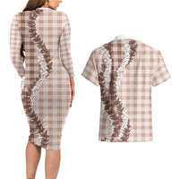 Beige Hawaii Palaka Couples Matching Long Sleeve Bodycon Dress and Hawaiian Shirt Hawaiian Honohono Lei