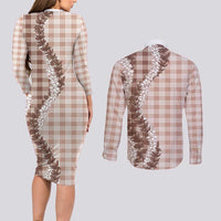 Beige Hawaii Palaka Couples Matching Long Sleeve Bodycon Dress and Long Sleeve Button Shirt Hawaiian Honohono Lei