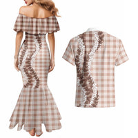 Beige Hawaii Palaka Couples Matching Mermaid Dress and Hawaiian Shirt Hawaiian Honohono Lei