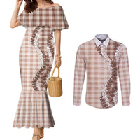 Beige Hawaii Palaka Couples Matching Mermaid Dress and Long Sleeve Button Shirt Hawaiian Honohono Lei LT05 Beige - Polynesian Pride