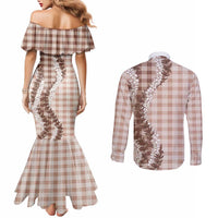 Beige Hawaii Palaka Couples Matching Mermaid Dress and Long Sleeve Button Shirt Hawaiian Honohono Lei LT05 - Polynesian Pride