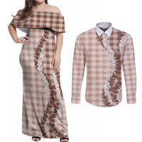 Beige Hawaii Palaka Couples Matching Off Shoulder Maxi Dress and Long Sleeve Button Shirt Hawaiian Honohono Lei LT05 Beige - Polynesian Pride