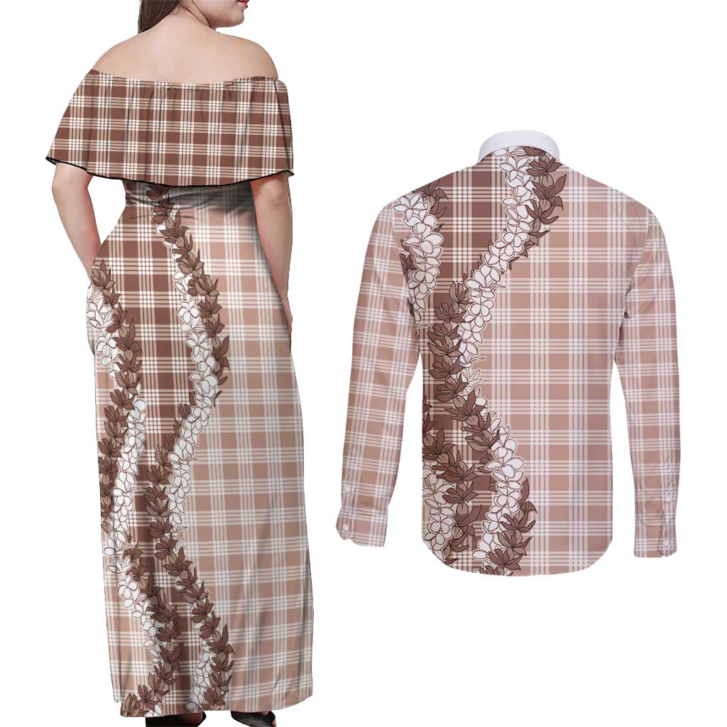 Beige Hawaii Palaka Couples Matching Off Shoulder Maxi Dress and Long Sleeve Button Shirt Hawaiian Honohono Lei LT05 - Polynesian Pride