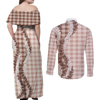 Beige Hawaii Palaka Couples Matching Off Shoulder Maxi Dress and Long Sleeve Button Shirt Hawaiian Honohono Lei LT05 - Polynesian Pride