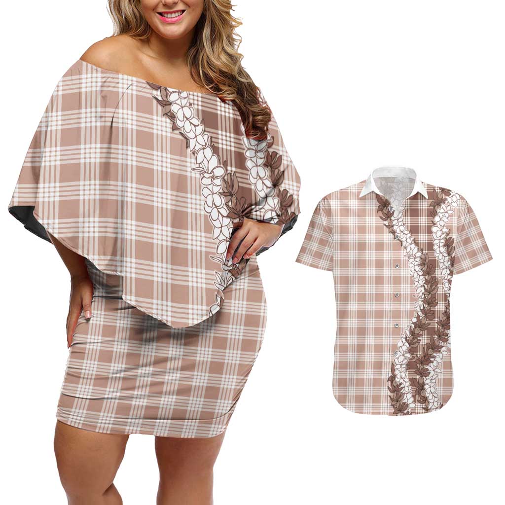 Beige Hawaii Palaka Couples Matching Off Shoulder Short Dress and Hawaiian Shirt Hawaiian Honohono Lei LT05 Beige - Polynesian Pride