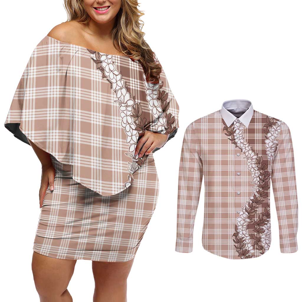 Beige Hawaii Palaka Couples Matching Off Shoulder Short Dress and Long Sleeve Button Shirt Hawaiian Honohono Lei LT05 Beige - Polynesian Pride
