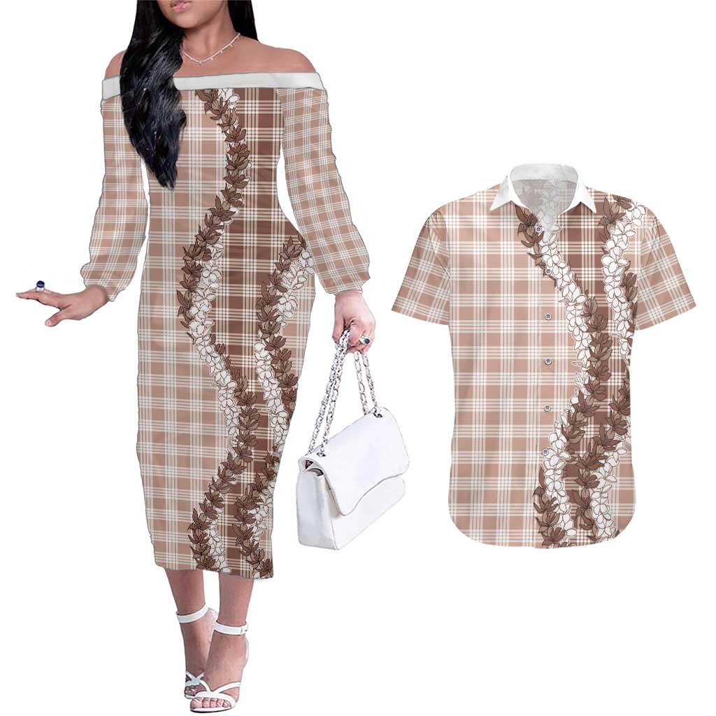 Beige Hawaii Palaka Couples Matching Off The Shoulder Long Sleeve Dress and Hawaiian Shirt Hawaiian Honohono Lei LT05 Beige - Polynesian Pride