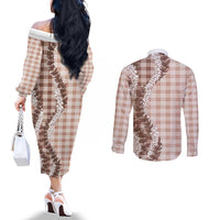 Beige Hawaii Palaka Couples Matching Off The Shoulder Long Sleeve Dress and Long Sleeve Button Shirt Hawaiian Honohono Lei