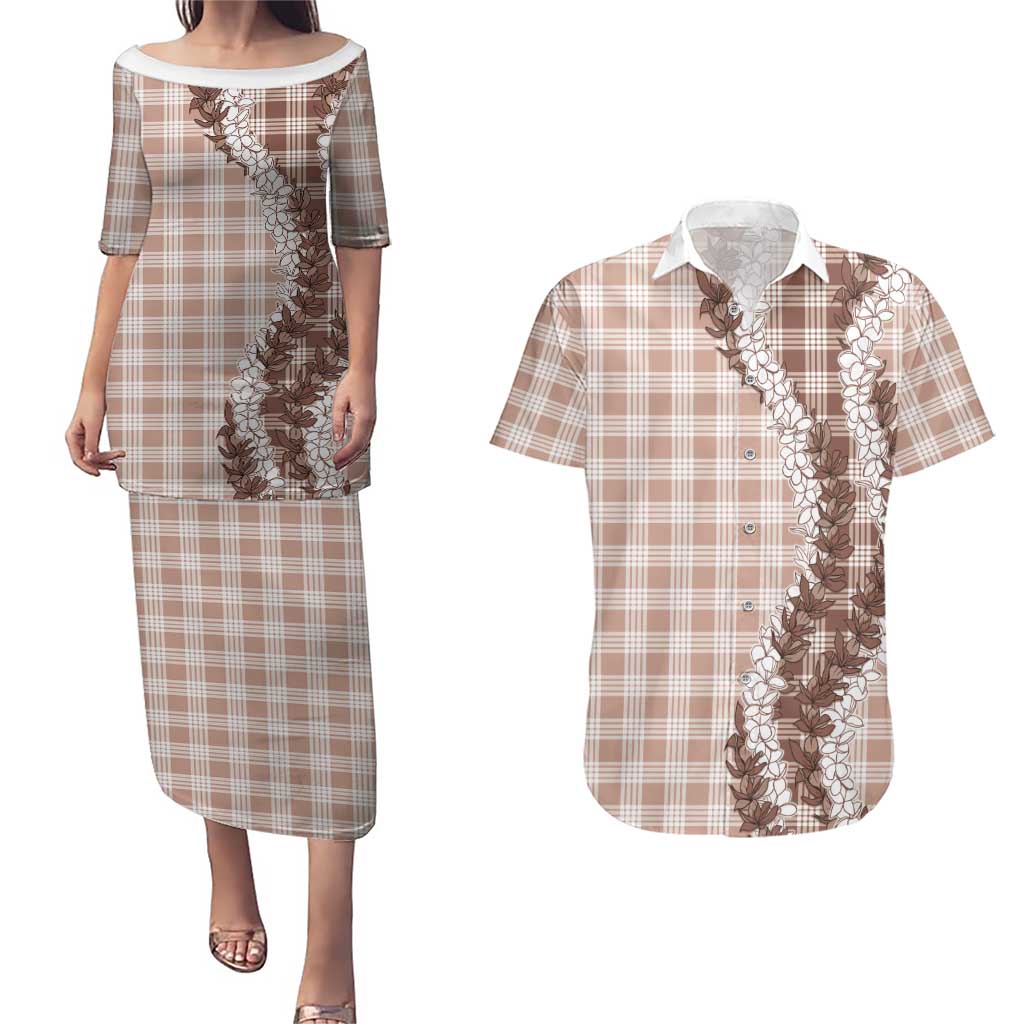 Beige Hawaii Palaka Couples Matching Puletasi and Hawaiian Shirt Hawaiian Honohono Lei LT05 Beige - Polynesian Pride