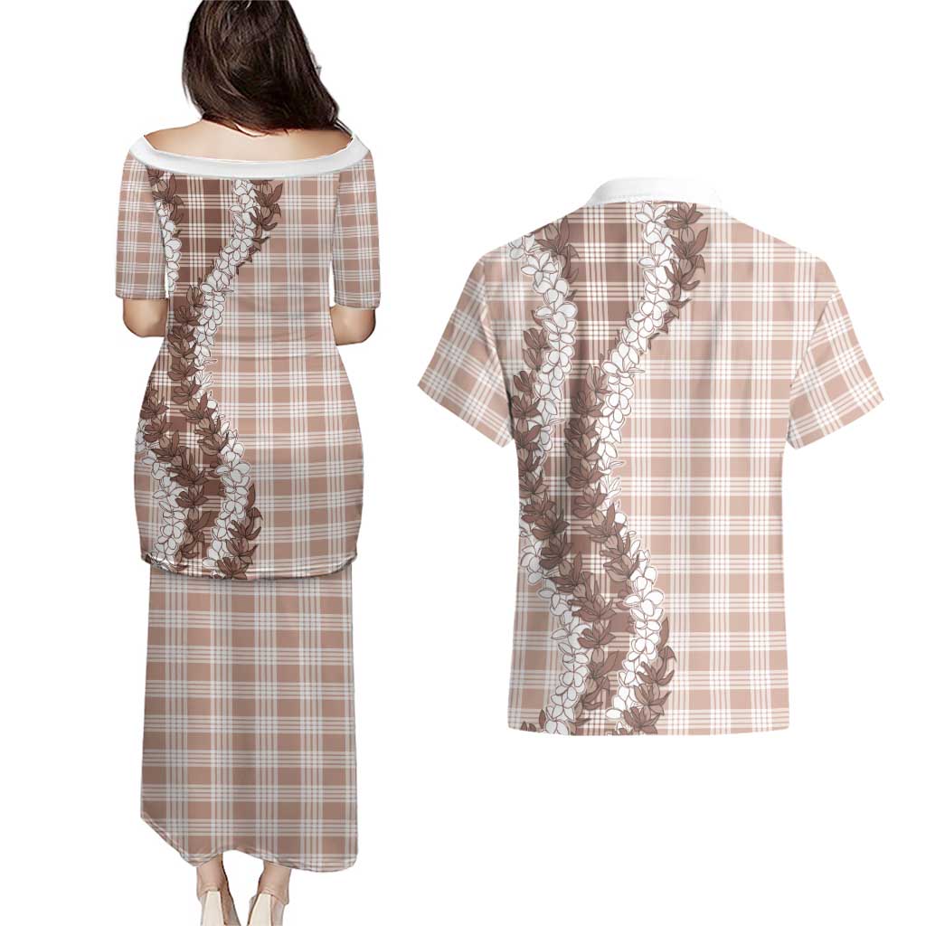 Beige Hawaii Palaka Couples Matching Puletasi and Hawaiian Shirt Hawaiian Honohono Lei LT05 - Polynesian Pride