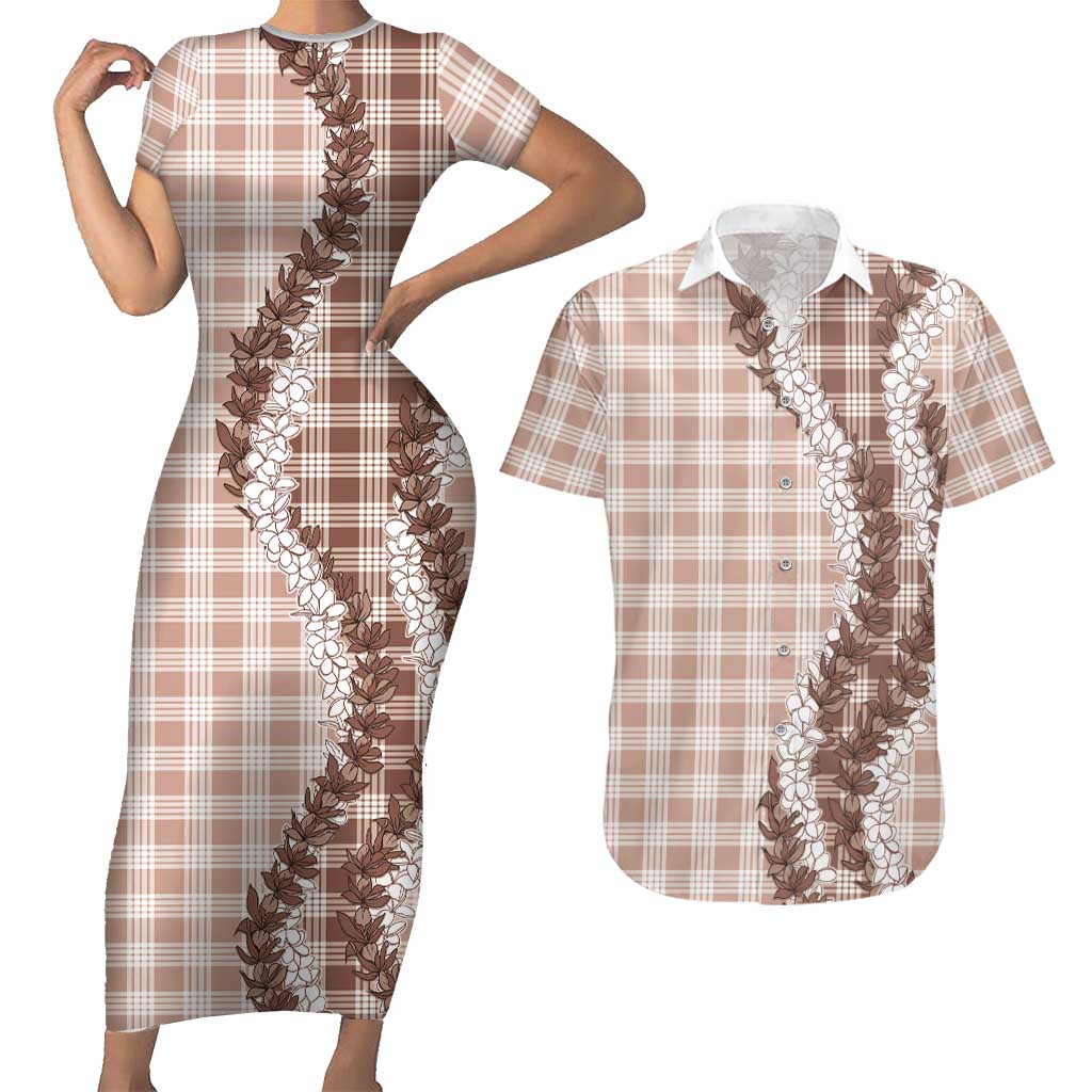 Beige Hawaii Palaka Couples Matching Short Sleeve Bodycon Dress and Hawaiian Shirt Hawaiian Honohono Lei