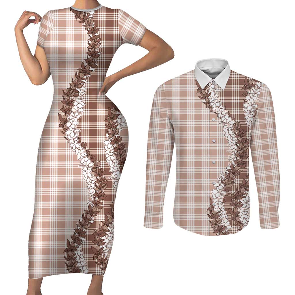 Beige Hawaii Palaka Couples Matching Short Sleeve Bodycon Dress and Long Sleeve Button Shirt Hawaiian Honohono Lei LT05 Beige - Polynesian Pride