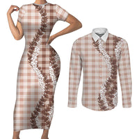 Beige Hawaii Palaka Couples Matching Short Sleeve Bodycon Dress and Long Sleeve Button Shirt Hawaiian Honohono Lei