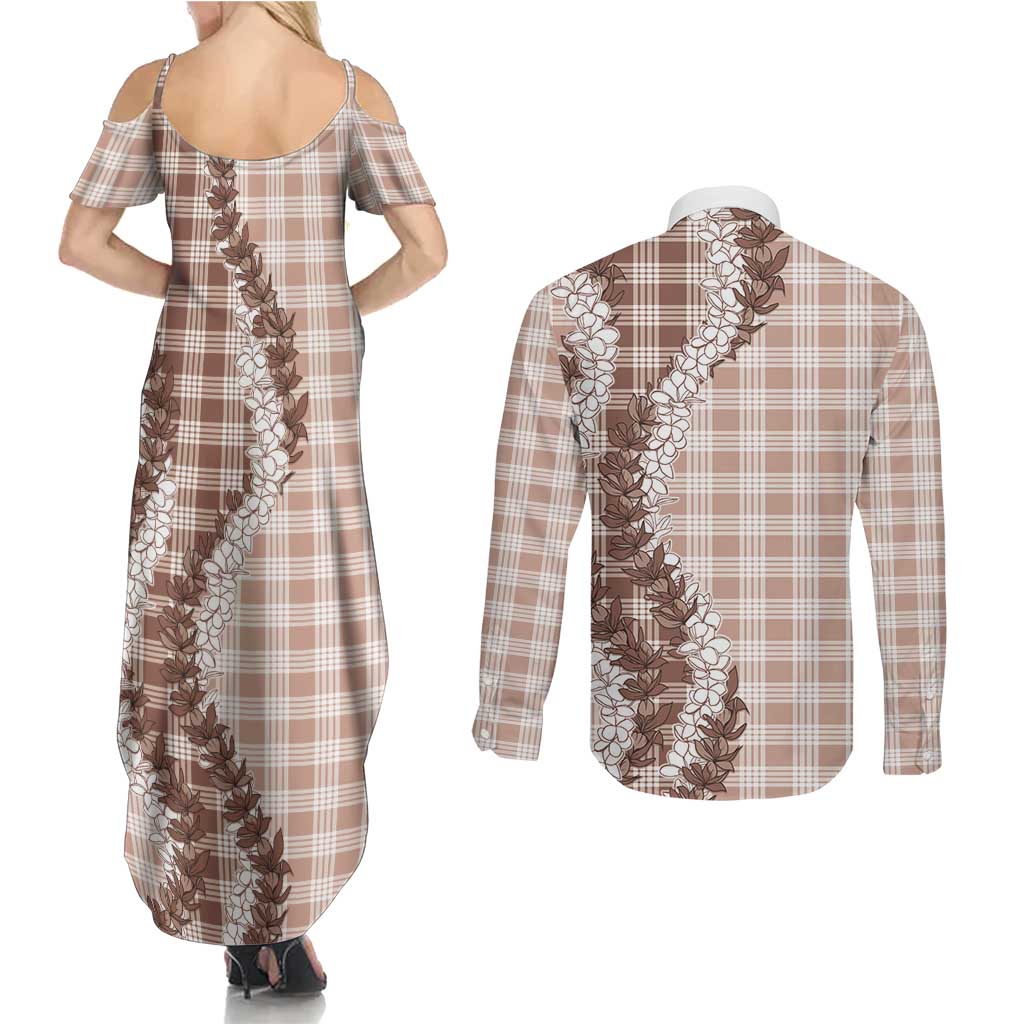 Beige Hawaii Palaka Couples Matching Summer Maxi Dress and Long Sleeve Button Shirt Hawaiian Honohono Lei LT05 - Polynesian Pride
