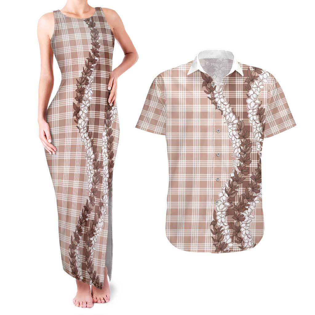Beige Hawaii Palaka Couples Matching Tank Maxi Dress and Hawaiian Shirt Hawaiian Honohono Lei