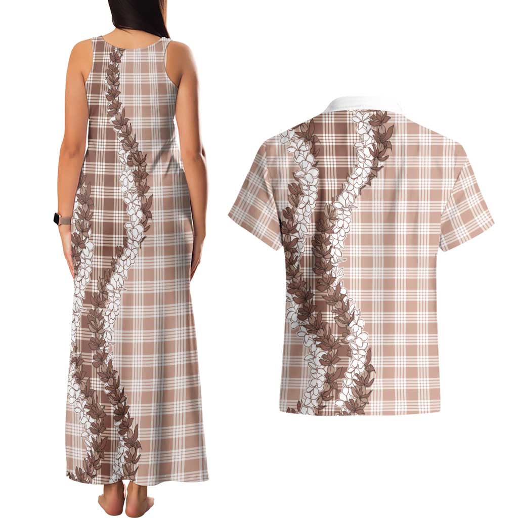 Beige Hawaii Palaka Couples Matching Tank Maxi Dress and Hawaiian Shirt Hawaiian Honohono Lei