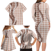 Beige Hawaii Palaka Family Matching Long Sleeve Bodycon Dress and Hawaiian Shirt Hawaiian Honohono Lei LT05 - Polynesian Pride